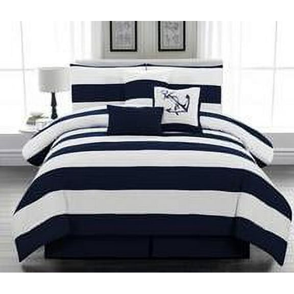 Legacy Decor 5pc. Microfiber Nautical Themed Comforter set, Navy Blue and White Striped, Twin Size