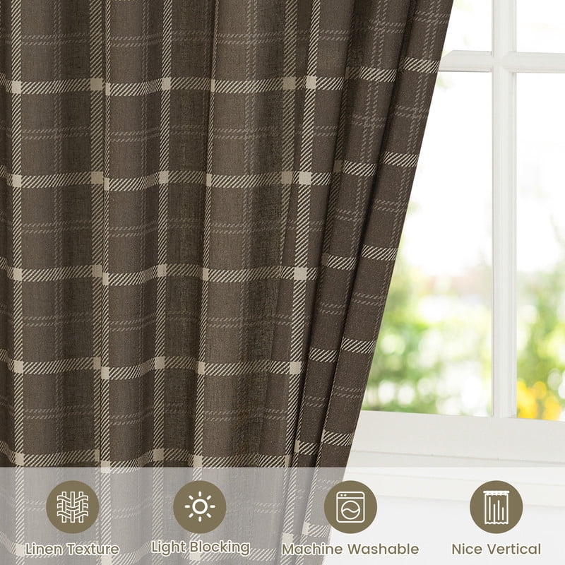 NICETOWN Plaid Curtains 63 inches Long, Linen Grid Pattern Light Filtering Privacy Shade for Kitchen Bedroom, Farmhouse Rod Pocket Back Tab Semi Sheer Curtains, Taupe, 2 Panels