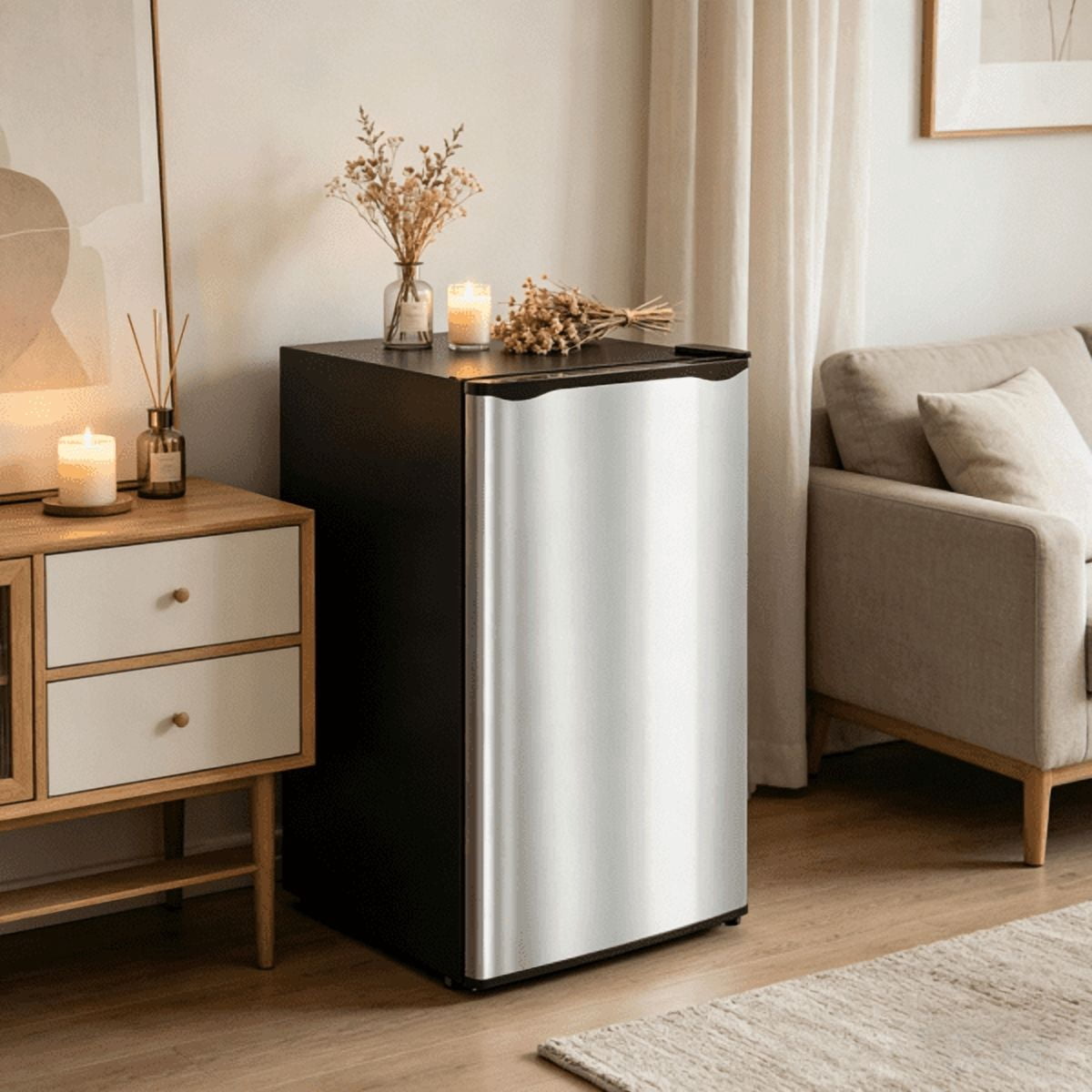 Mini Fridge with Freezer Compartment, Small Single Door Refrigerator Adjustable Thermostat, Energy Saving Compact for Office Dorm Bedroom, Silver Panel, 3.2 cu ft
