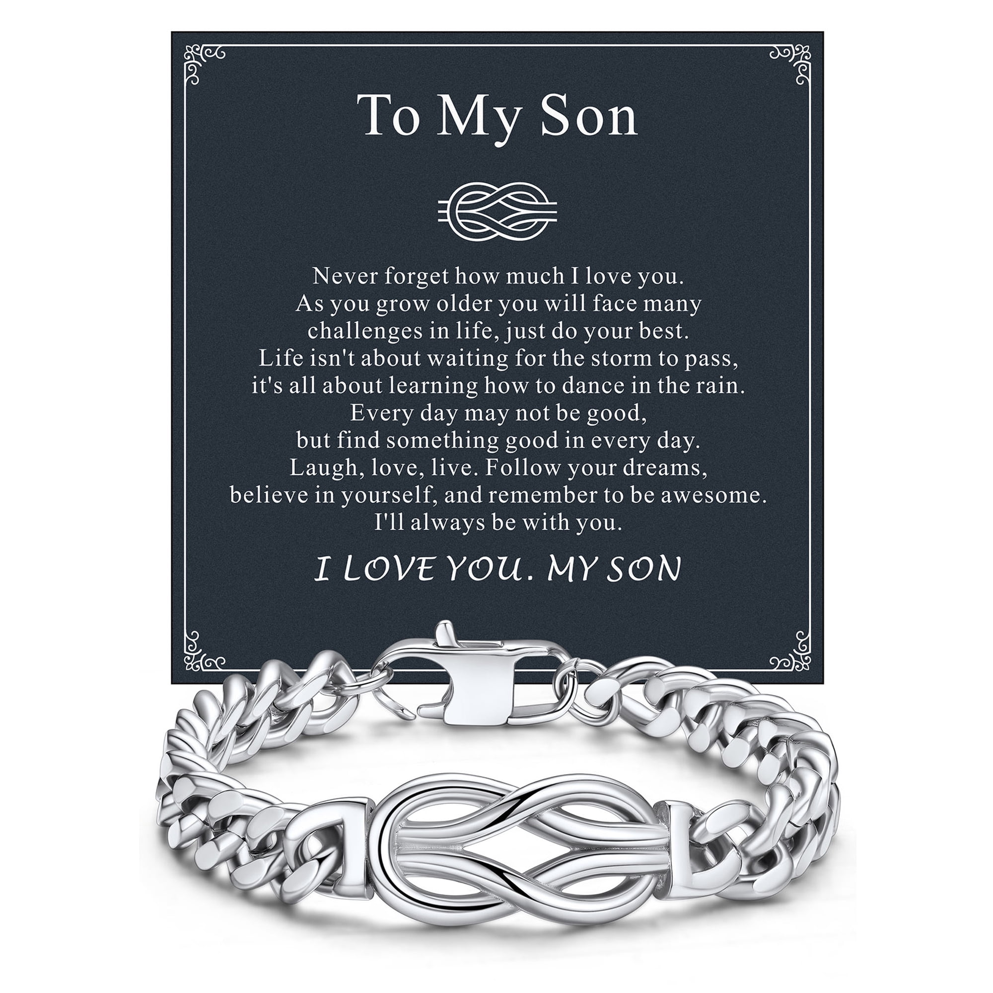 ChainsHouse Men's Bracelet Cuban Chain Stainless Steel Infinity Knot Bracelets with Message Card Love Chain Bracelet Jewelry Christmas Birthday Graduation Gift To My Son, 8.3 inch