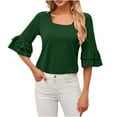 thumbnail image 2 of Womens 3/4 Sleeve Shirts Summer Square Neck Bell Sleeve Tops Business Casual Loose Tunic Work Dressy Blouses Green M, 2 of 8