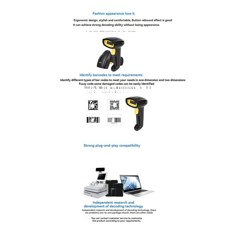 2X Handheld Wireless 1D 2D Scanner Barcode Scanne Wireless Bluetooth 1D 2D QR Code Reader for Supermarket