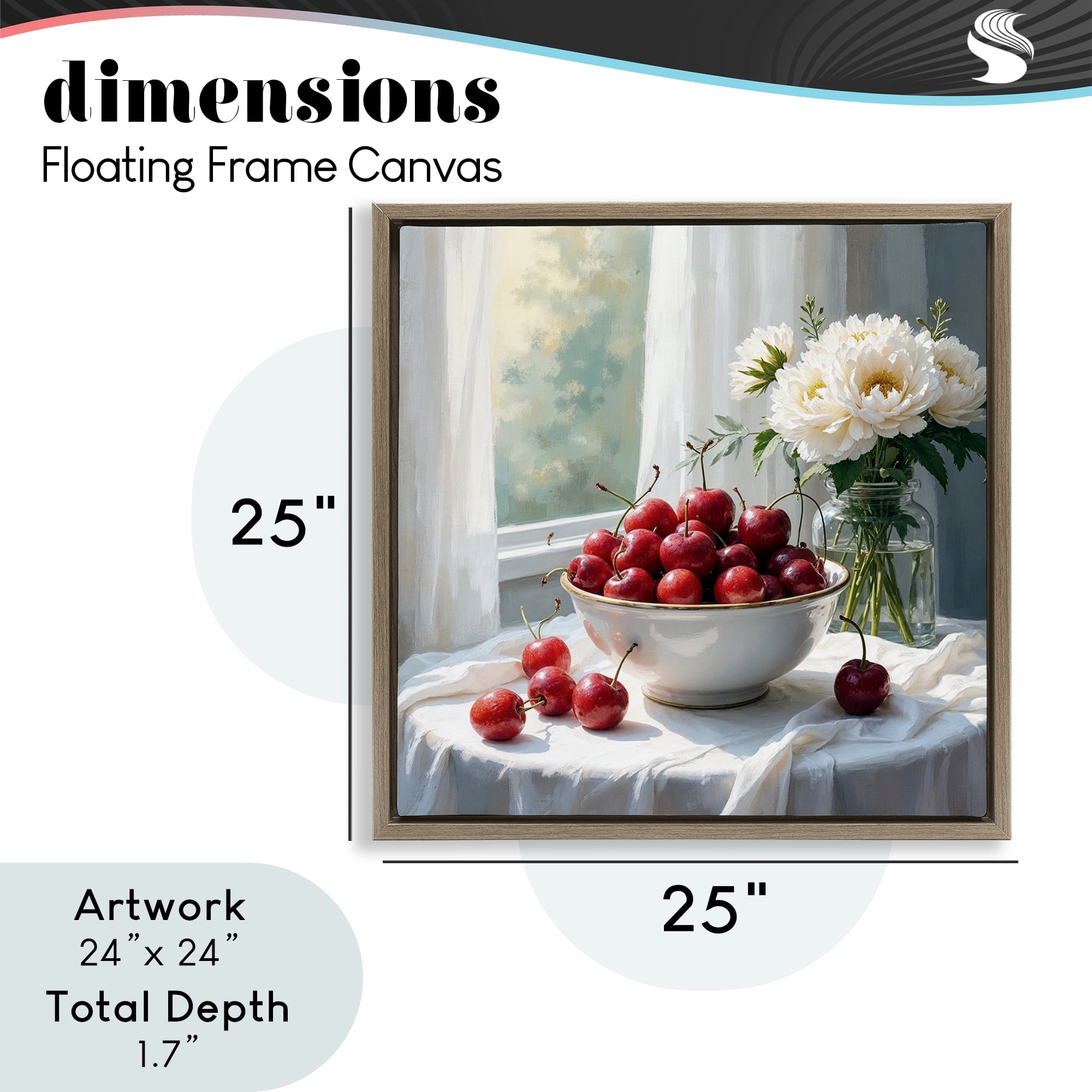 Cherries & Flowers Still Life Brown Framed Floater Canvas Wall Art, design by Lettered and Lined