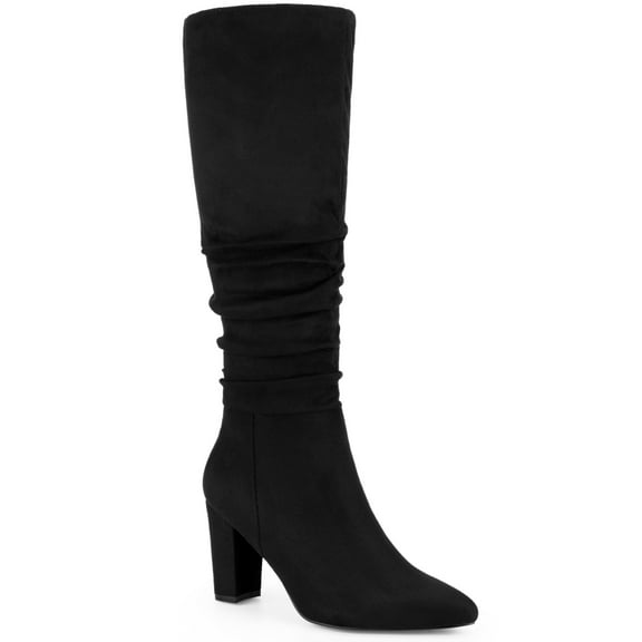 BLISSFUL STEP Women's Boots Knee High Faux Suede Pointed Toe Block Heel Wrinkled Dress Boots Black 5.5