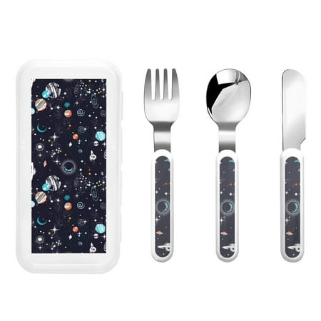 

Cauagu Galaxy2 Print 3-Pieces Toddler Cutlery Set Kids Silverware Set with Spoons Forks & Knife Stainless Steel Utensils for Kids Dishwasher Safe