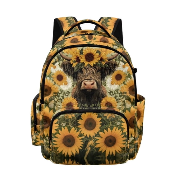 DISNIMO 17-Inch School Backpack for Kids Girls Boys Highland Cattle Sunflower Printed Lightweight Bookbags with Adjustable Strap for Elementary High School Laptop Bags Travel Daypack