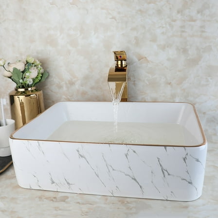 Ceramic Vessel Sink Bathroom Vanity Bowl-Rectangular Bathroom Sink Glod Faucet