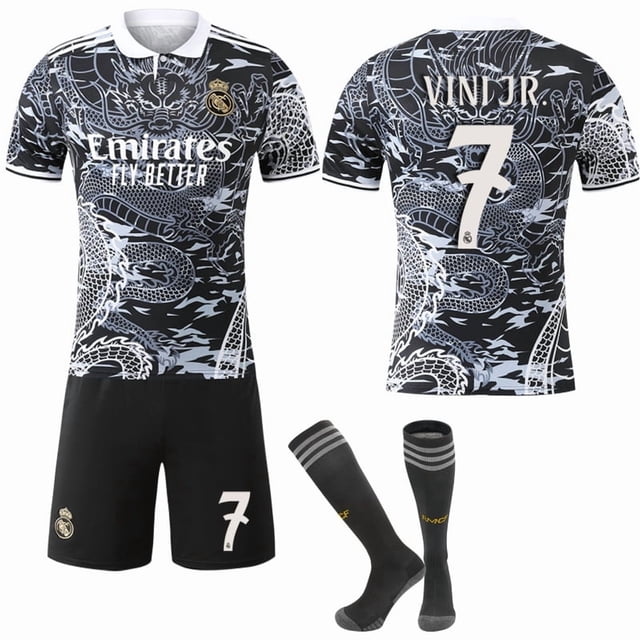 2425 Real Madrid Motif dragon Noir et Blanc Édition Spéciale Commémorative Rétro No. 9 Mbappe 7 Vinicius 5 Bellingham No. 7 Winnie avec Chaussettes Ensemble de Maillots de football Classique