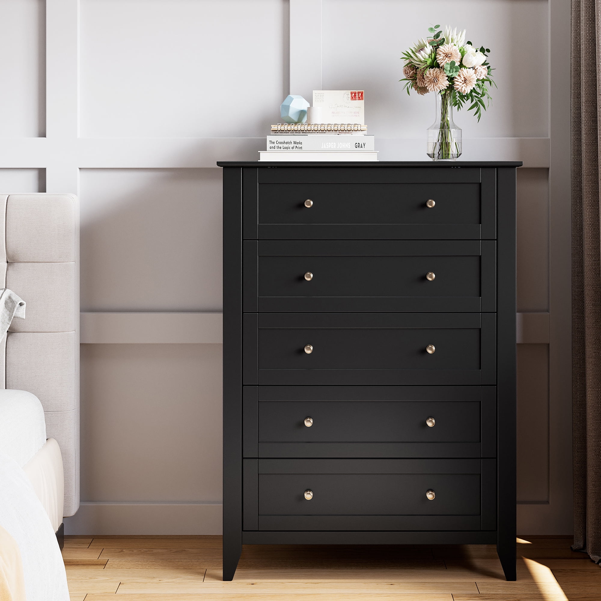 Homhougo Dresser for Bedroom Black with 5 Drawers, Tall Wood Organizer Storage Cabinet with Round Handle, Chest of Drawers for Closet, Living Room, Hallway, Nursery, Kids Bedroom
