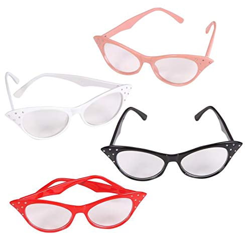 Jovitec 4 Pieces Cat Eye Glasses with Rhinestones 50s 60s Theme Party Classic Glasses for Retro Costume Dress Up Party Favor