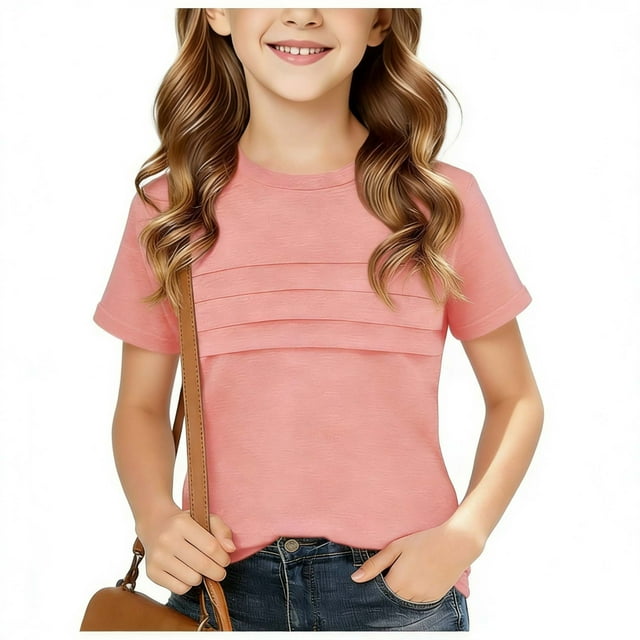 Camisa infantil de manga corta de color liso con cuello redondo para niños y niñas mayores. Camiseta de poliéster.
