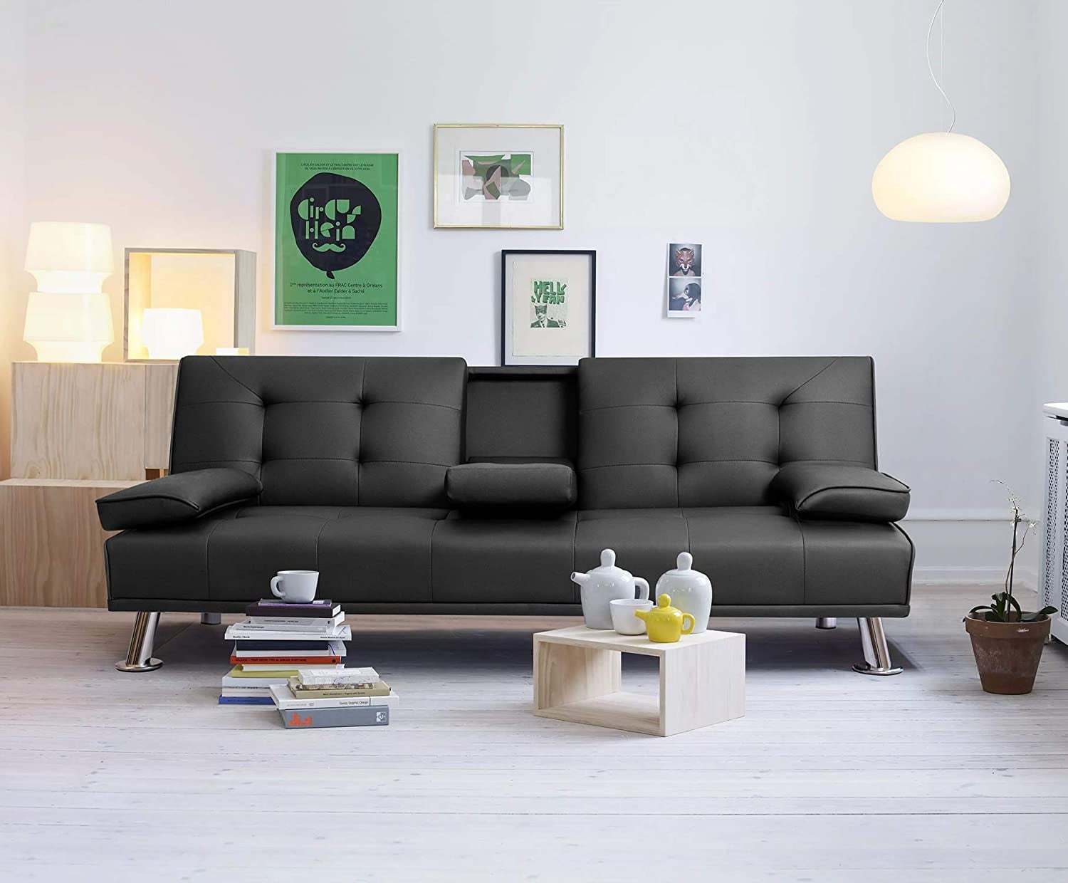 Black for sale online Best Choice Products Modern Faux Leather Fold Down Convertible Futon Sofa Bed with 2 Cup Holders 