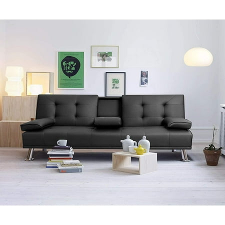 Lacoo Modern Faux Leather Convertible Futon with Cupholders & Pillows, 65" Black