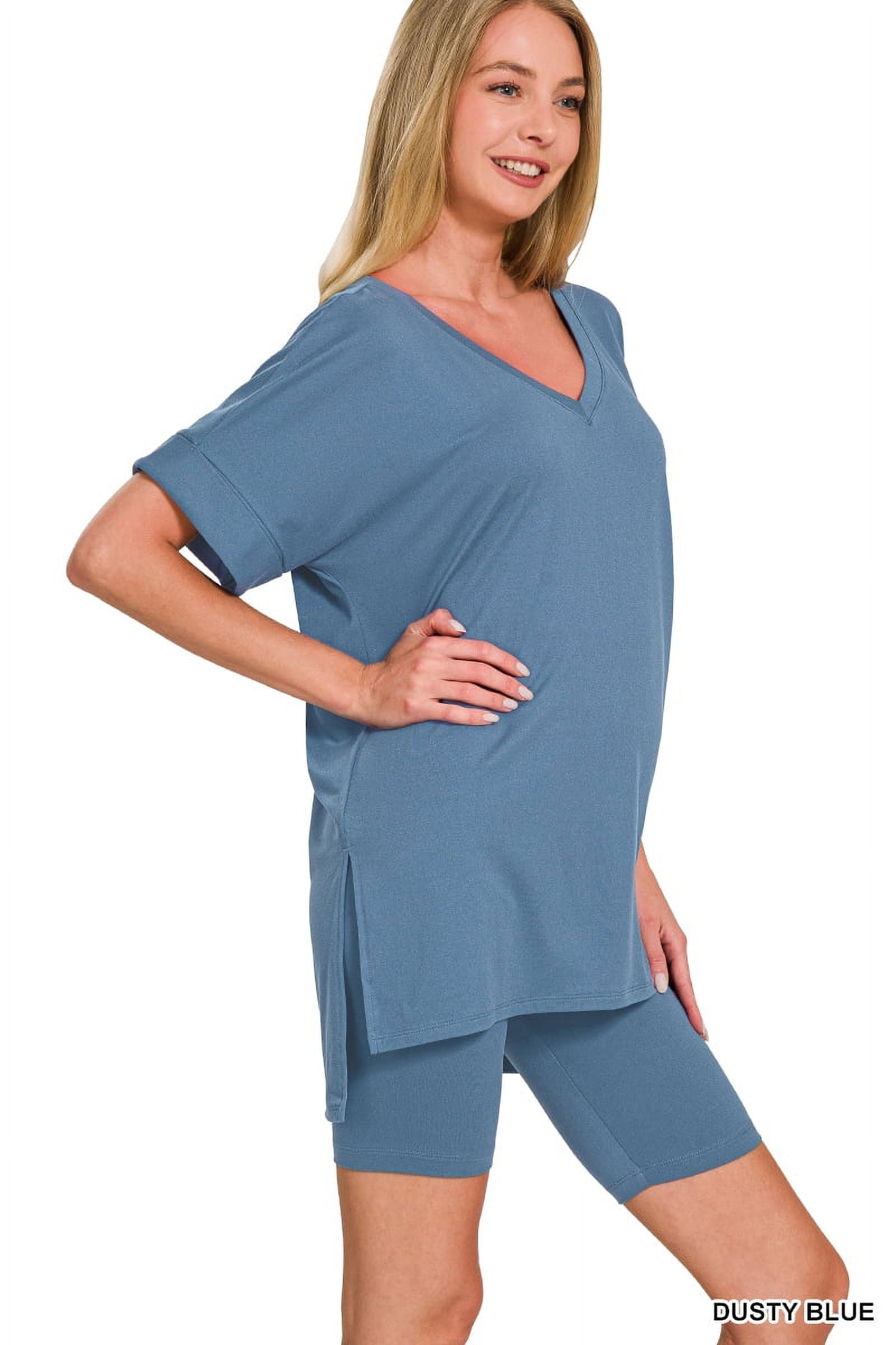 Zenana Plus Size Brushed DTY Microfier V-Neck Short Sleeve Hi-Low Hem & Biker Short Loungewear Set