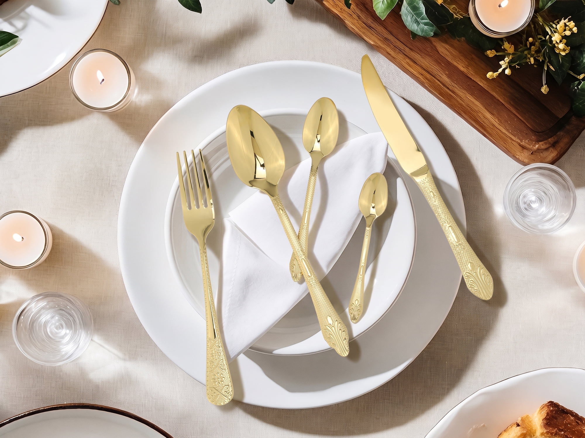 Unique Bargains 20Pcs Stainless Steel Floral Flatware Set For 4 Gold