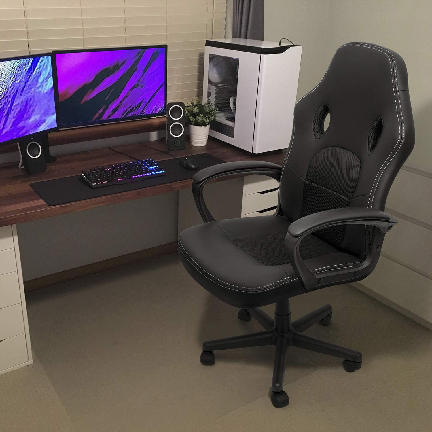 Lacoo Faux Leather Computer Gaming Chair Office Desk Chair with Lumbar Support, Black