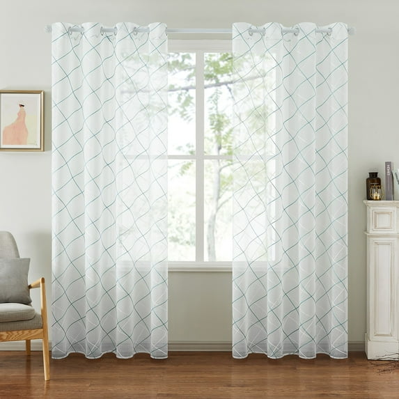 Top Finel White Sheer Curtains 108 Inches Long Teal Embroidered Grommet Window Curtains for Living Room Bedroom, 2 Panels