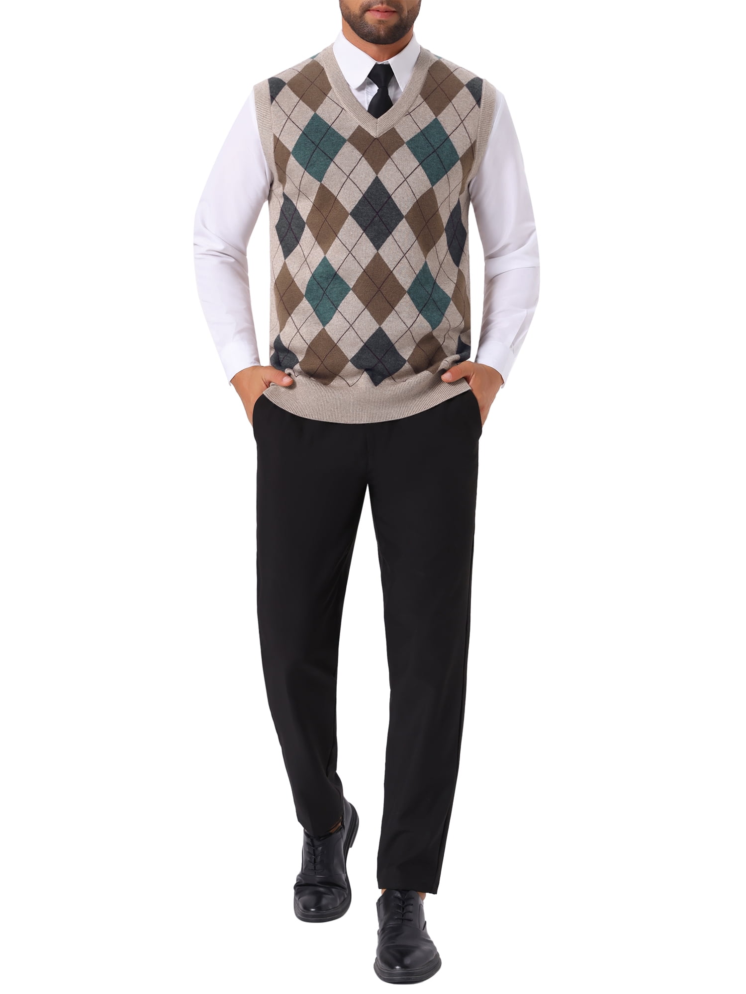 INSPIRE CHIC Men's Casual Knit Sleeveless V-Neck Plaid Argyle