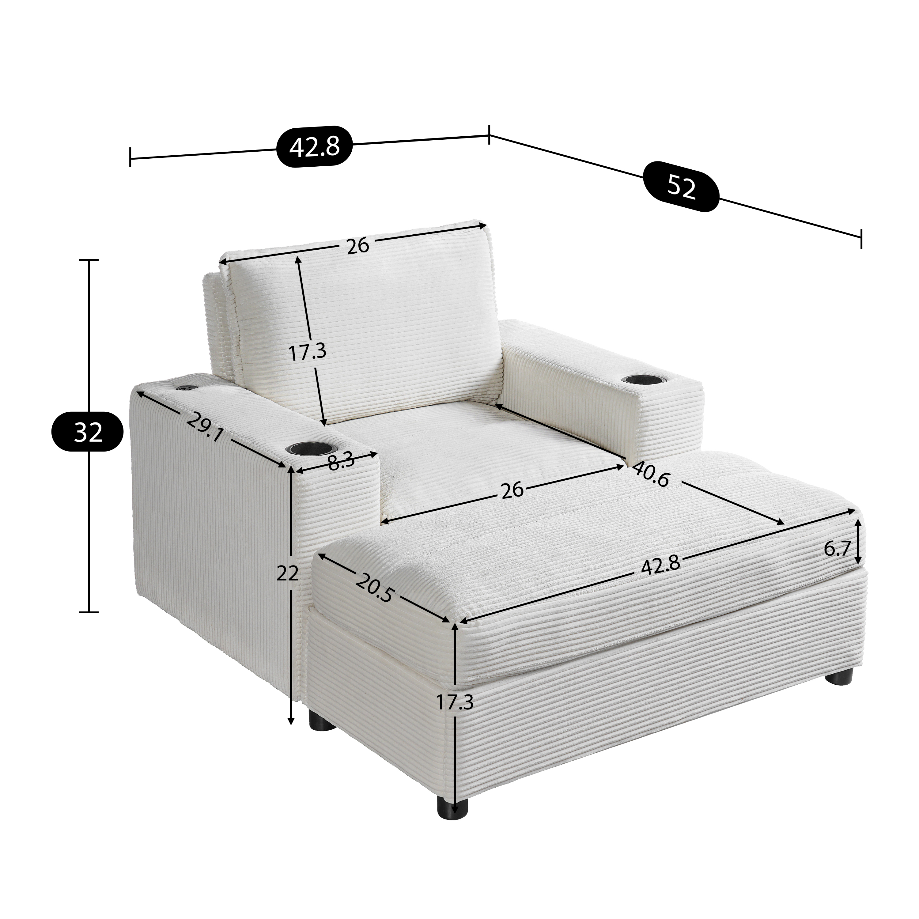 Chaise Lounge Chair, Oversized Sofa Bed with Storage Ottoman and Built-in USB Charging Port, Corduroy Upholstered Sleeper with Dual Cup Holders and Deep Seat, Reading Couch, Beige