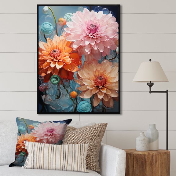 Designart "Transparent Beauty Of Pink And Orange Zinnias" Zinnias Floater Framed Canvas Wall Art