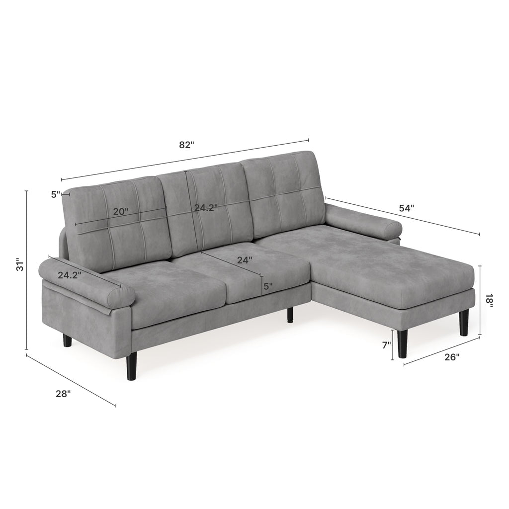 Aiho 82" L Modern Sofa, L-shaped Sofa with 3 Comfortable Pillows for Living Room, Apartment, Studio, Office - Dark Grey