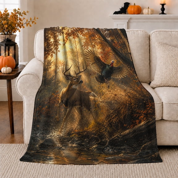 Autumn Woodland Buck Turkey Forest Scene, Festive Holiday Scene, Warm Flannel Blanket for Living Room and Reading Nook, Art Lovers Christmas Gift, Festive Home Decor