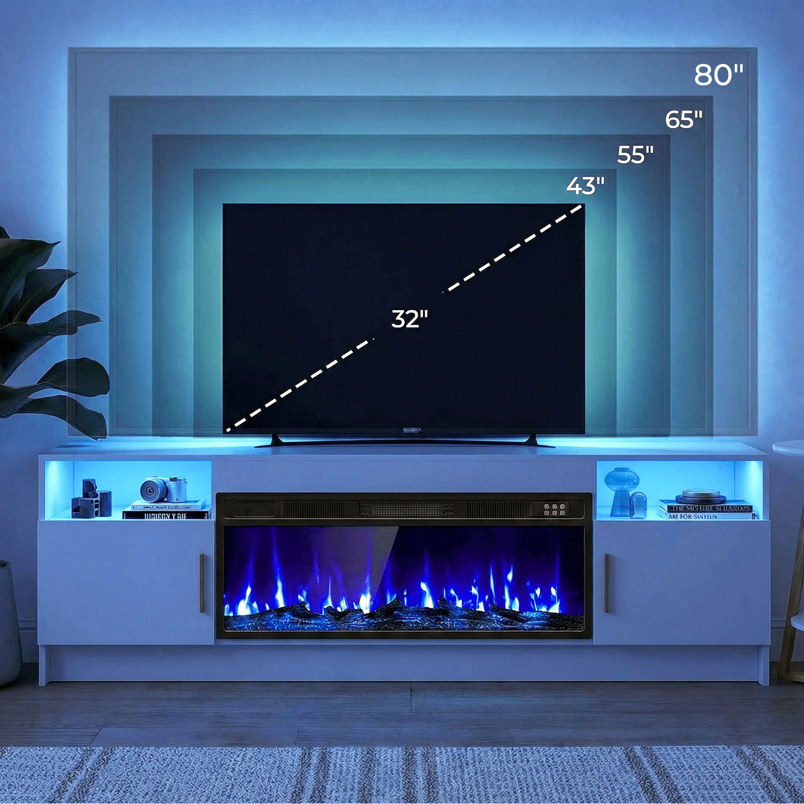 Flictozena 70" TV Stand with 36-Inch Electric Fireplace, Adjustable LED Lights & Storage | Fits TVs Up to 80 Inches | Modern Entertainment Center with Glossy White Doors