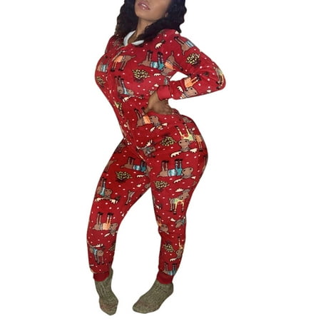 

JYYYBF Women Christmas Onesie Loose Pajamas Cartoon Deer/Snowman Printing One Piece Zip Up Hooded Sleepwear Jumpsuit Rompers for Party Red elk XXL