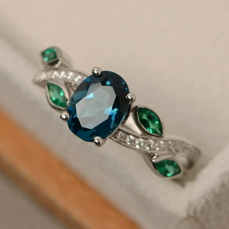 10 Gemstone - AkoaDa Fashion Women 925 Sterling Silver Leaves Sapphire andamp; White Topaz Gemstones Rings Size 6 7 8 9 10