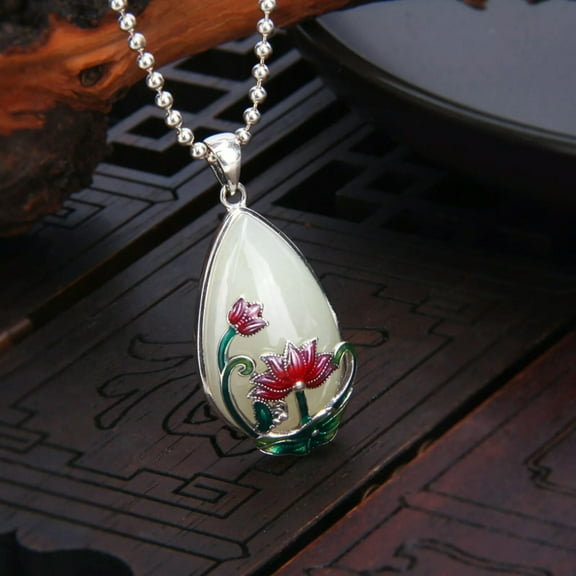 K-KED Real S925 Sterling Silver Natural Jade Men Women Enamel Lotus Water Drop Pendant