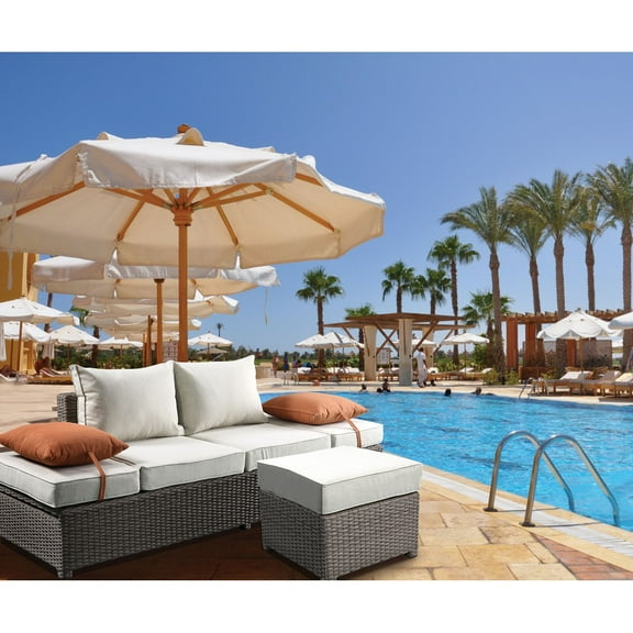 Moda Furnishings Patio Sofa & Ottoman w/2 Pillows in Beige Fabric & Gray Wicker