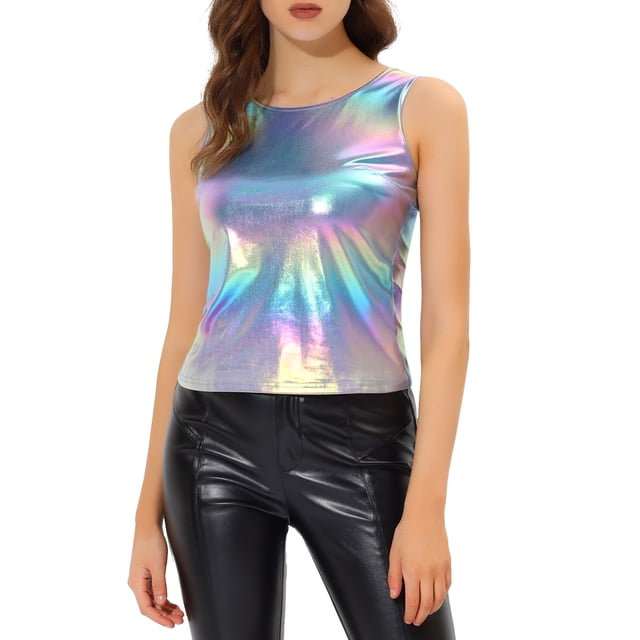 INSPIRE CHIC Women's Metallic Tank Top Halloween Club Party Shiny Sparkly Holographic Cami Top L Multicolor Blue