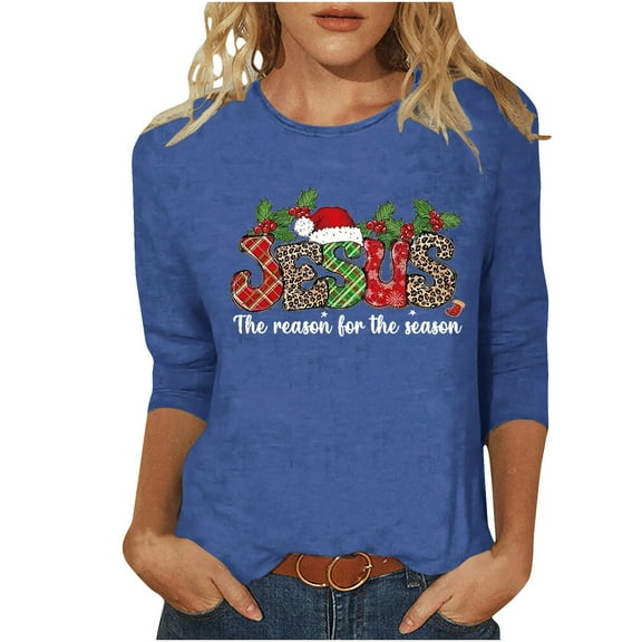 LbsKUS Clearance,Christmas Tops Women 3/4 Sleeve Shirts Merry Christmas Xmas Tree Printed Tees Cute Letter Funny Graphic T Shirts 2024 Crewneck Vacation Trendy Tees(Blue,L)