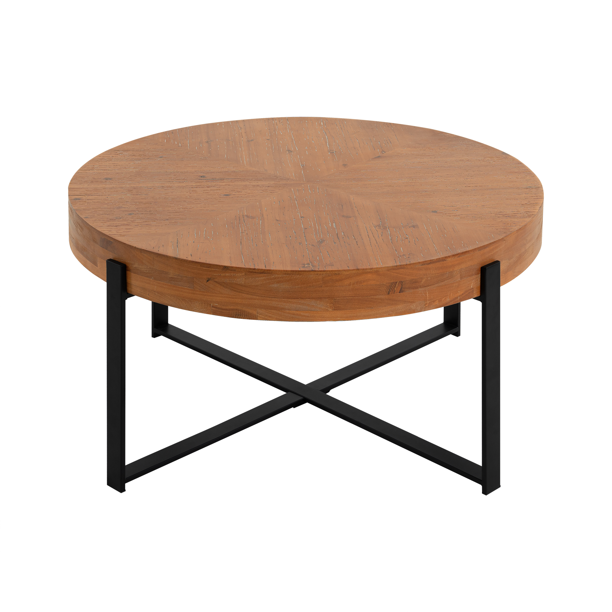 33.86" Modern Retro Splicing Round Coffee Table, Fir Wood Table Top with Black Cross Legs Base
