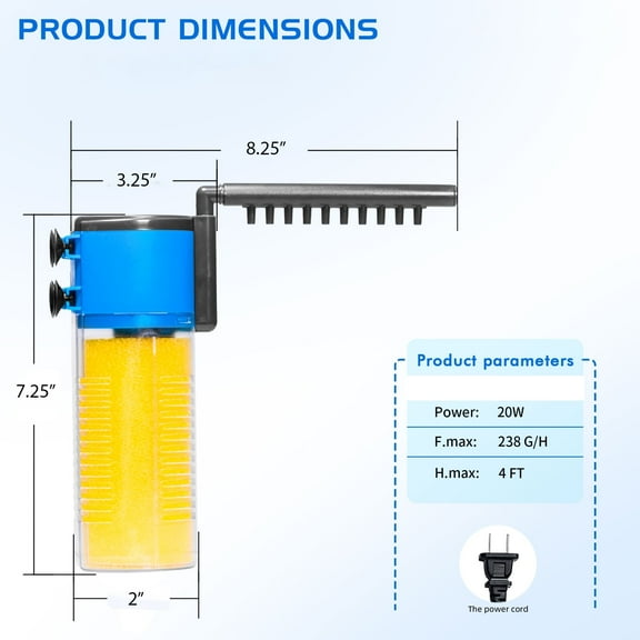 Ultra-Quiet 237 GPH 3-in-1 Internal Aquarium Filter (Yellow): Multi-Stage Fish Tank Filter & Pump