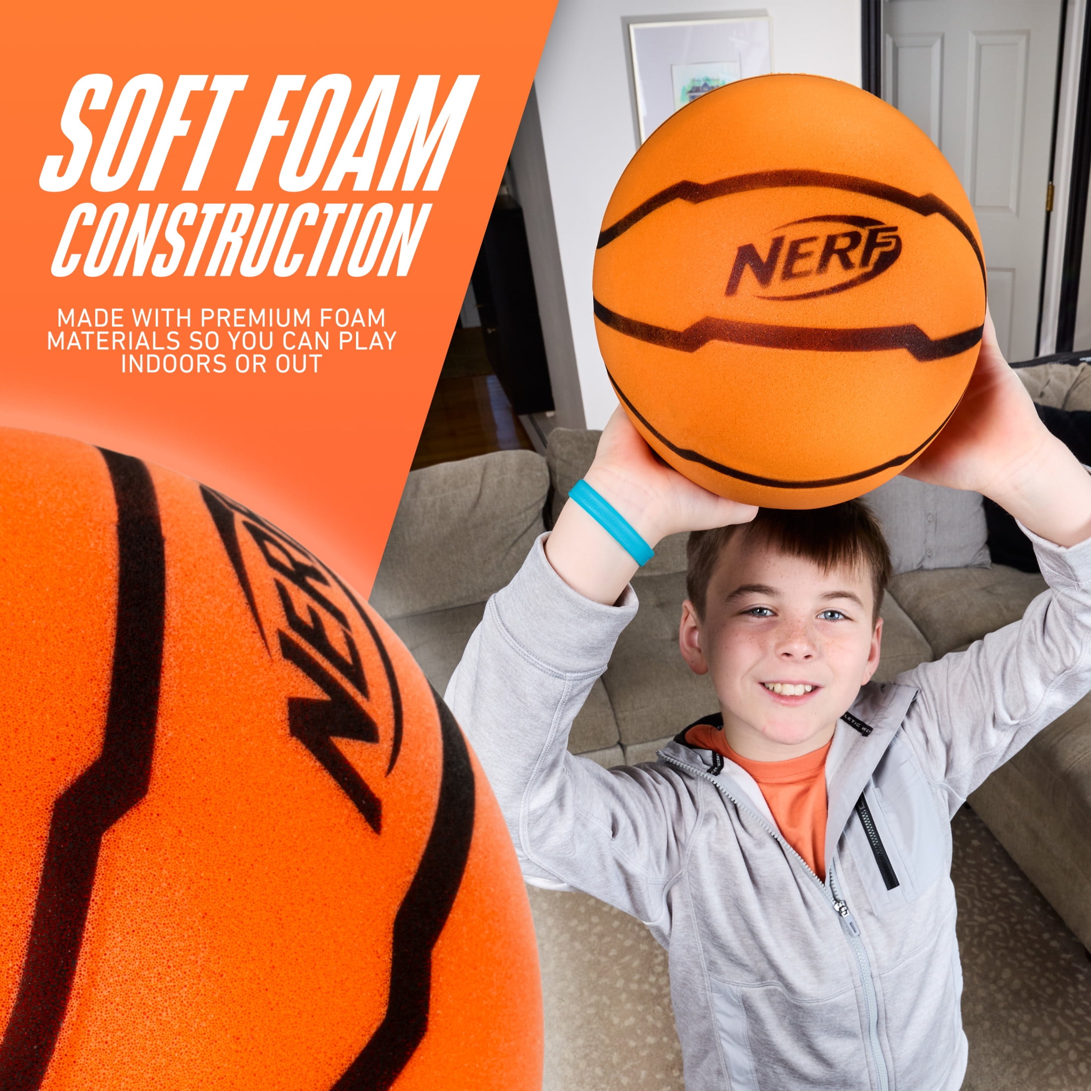 NERF Quietcourt Silent Foam Basketball - Official Size Quiet Ball for Indoor Dribbling Practice + Drills - 29.5" Inch Kids + Youth Basketball - Never Goes Flat Foam Construction