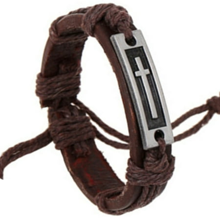 - Leather Pull String Christian Cross Religious Brown Cross in Set Bracelet. J-470-C