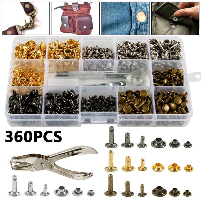 Ensemble d'Outils de Fixation de Clous Métalliques Tubulaires à Double Capuchon en Cuir 360 Pcs Rivets Bricolage Artisanat