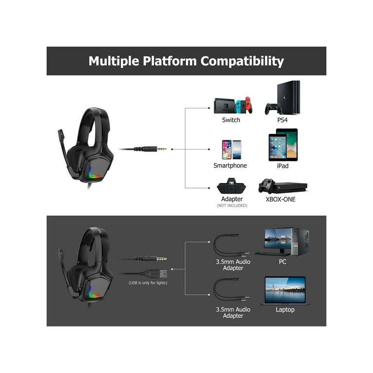Gaming Headset with Mic for Xbox One, PS4, Switch and PC, Surround Sound Over-Ear Headphones with Noise Cancelling Mic, RGB Lights, Volume Control for Smart Phone, Laptops, Mac, iPad - Walmart.com