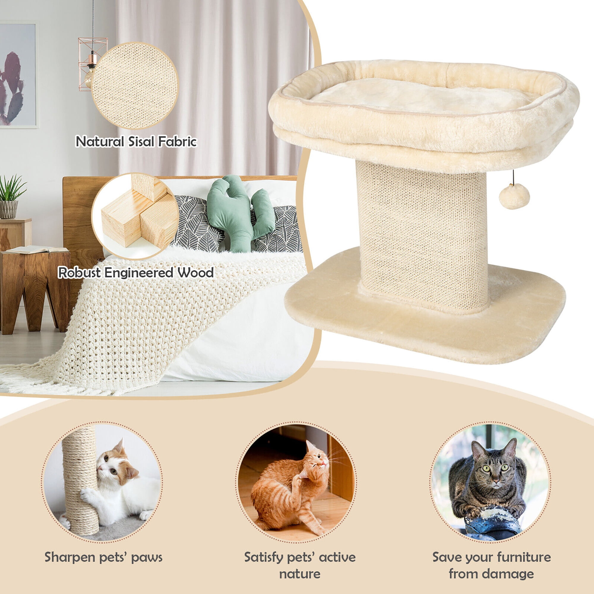Gymax Modern Cat Tree Tower Cat Activity Tower w/ Large Plush Perch Beige