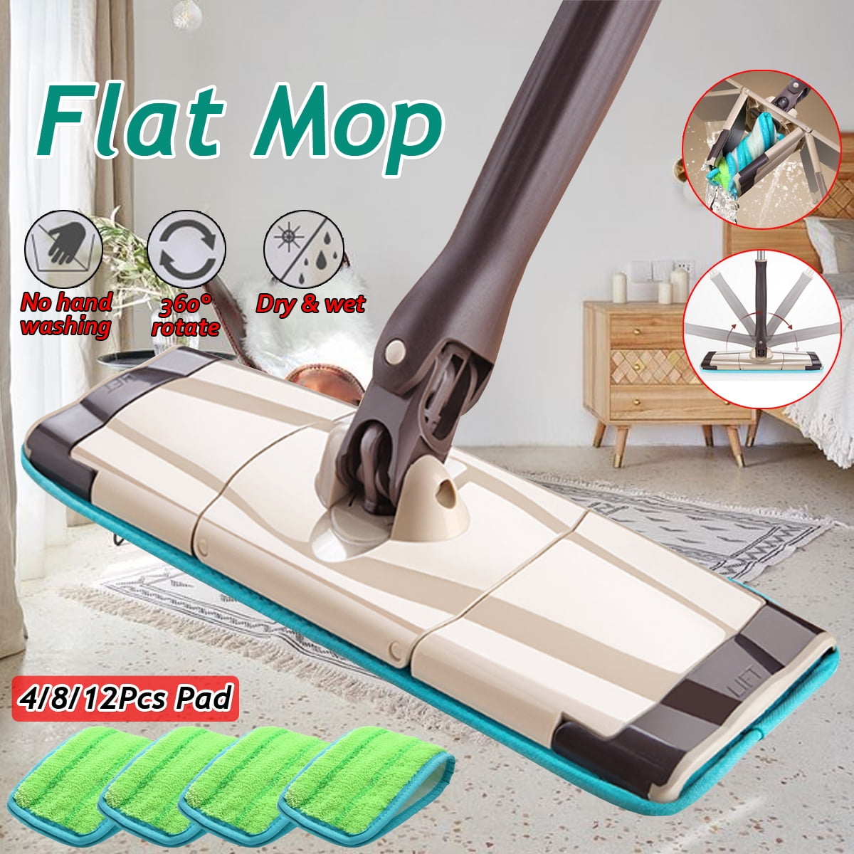 Household Floor Cleaning Mops Free Hand washFree Floor Mops Flat Mop Broom Rotat, 1x Mop + 1x