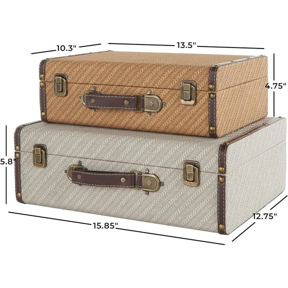 Wooden Decorative Trunk Vintage Studded Woven Storage Decorative Large Boxes with Bronze Latches and Brown Handles, Set of 2 Storage Trunks 16", 14" W, Multi Colored