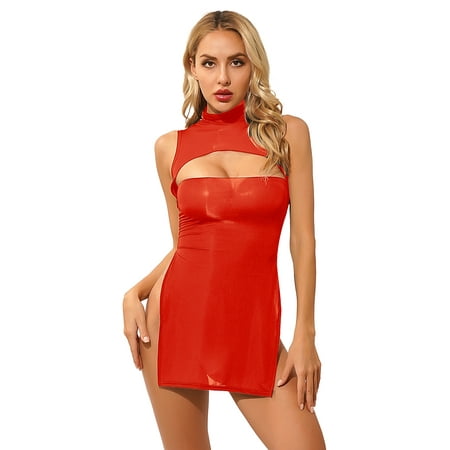 YiZYiF Womens Ultra Thin Cutout Chemise Lingerie Silky High Slit Nightgown Cheongsam Dress Red One Size