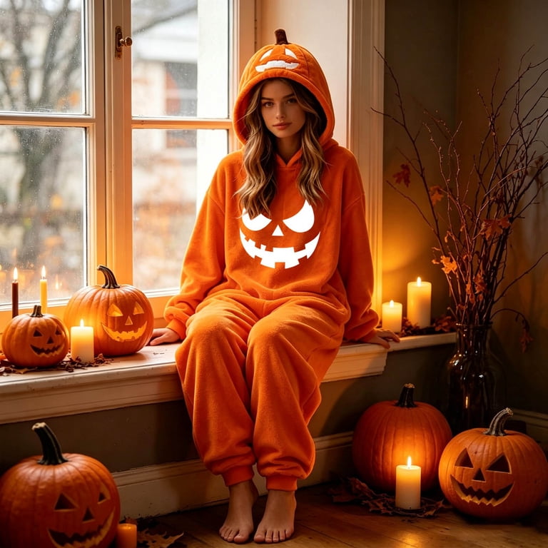 Women Adult Halloween Jack O Lantern Flannel Onesie, Zip Up