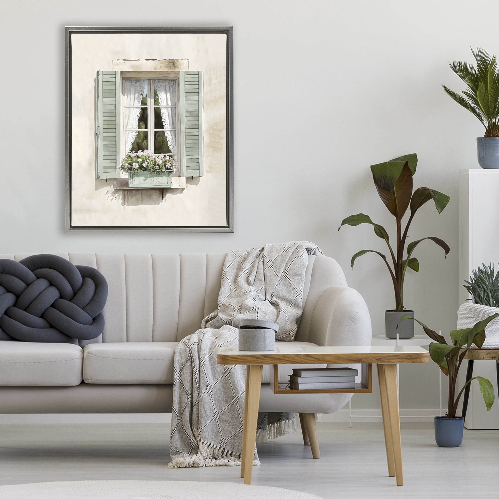 Stupell Industries French Cafe Window Curtains Gray Framed Floater Canvas Wall Art, design by LSR Design Studio