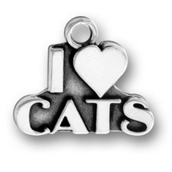Sterling Silver 30" 1mm Box Chain I Love Cats Word Message Pendant Necklace