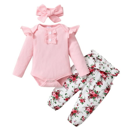 

KIMI BEAR Infant Baby Girls Romper Outfits 18 Months Infant Girls Fall Winter Clothes 24 Months Girls Long Sleeve Romper Floral Print Pants Headband 3PCs Set Pink