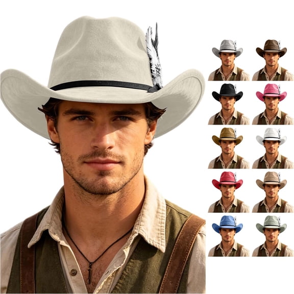 Xijirk Mens Cowboy Hat with Wide Curved Brim Band Western Hat for Travel Ranch Outdoor Camping Daily Casual Wear,Beige,M