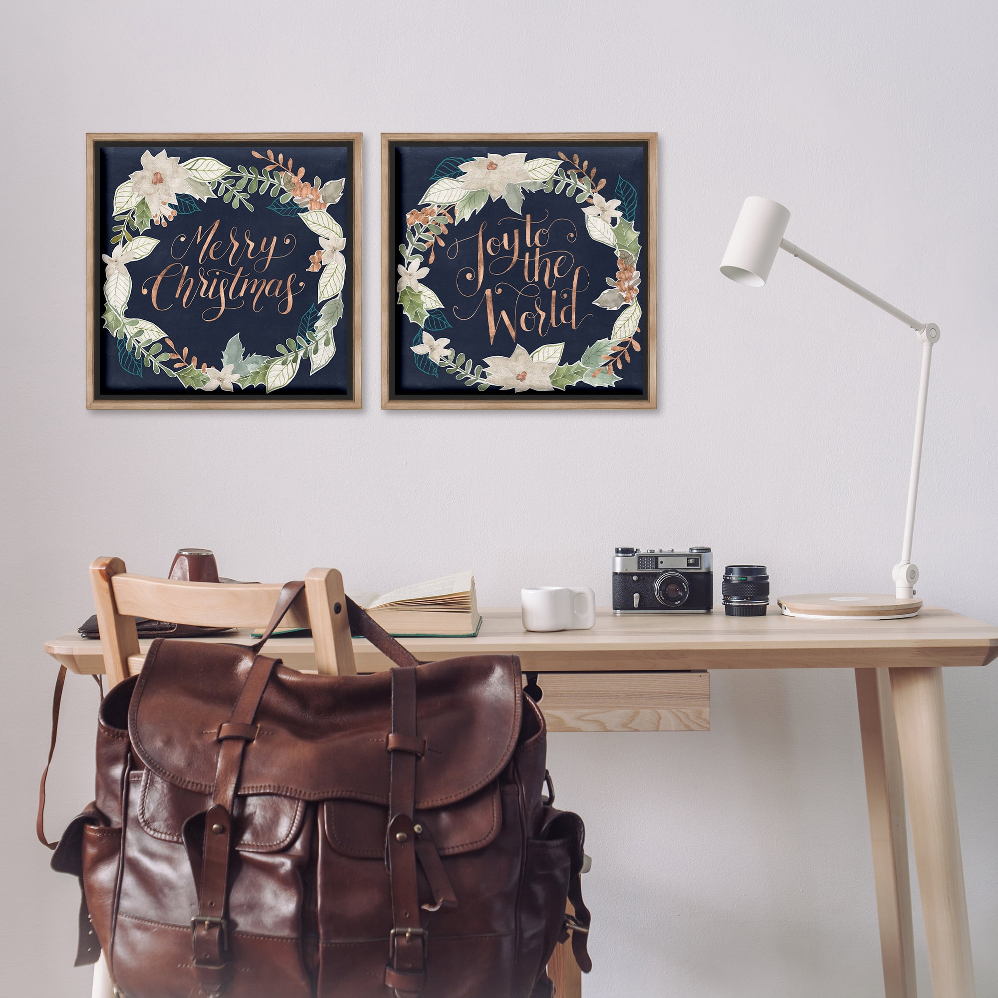 Stupell Industries Merry Christmas Joy Wreath Holiday Painting Brown Floater Framed Canvas Art Prints Wall Art, 18 x 18, Set of 2