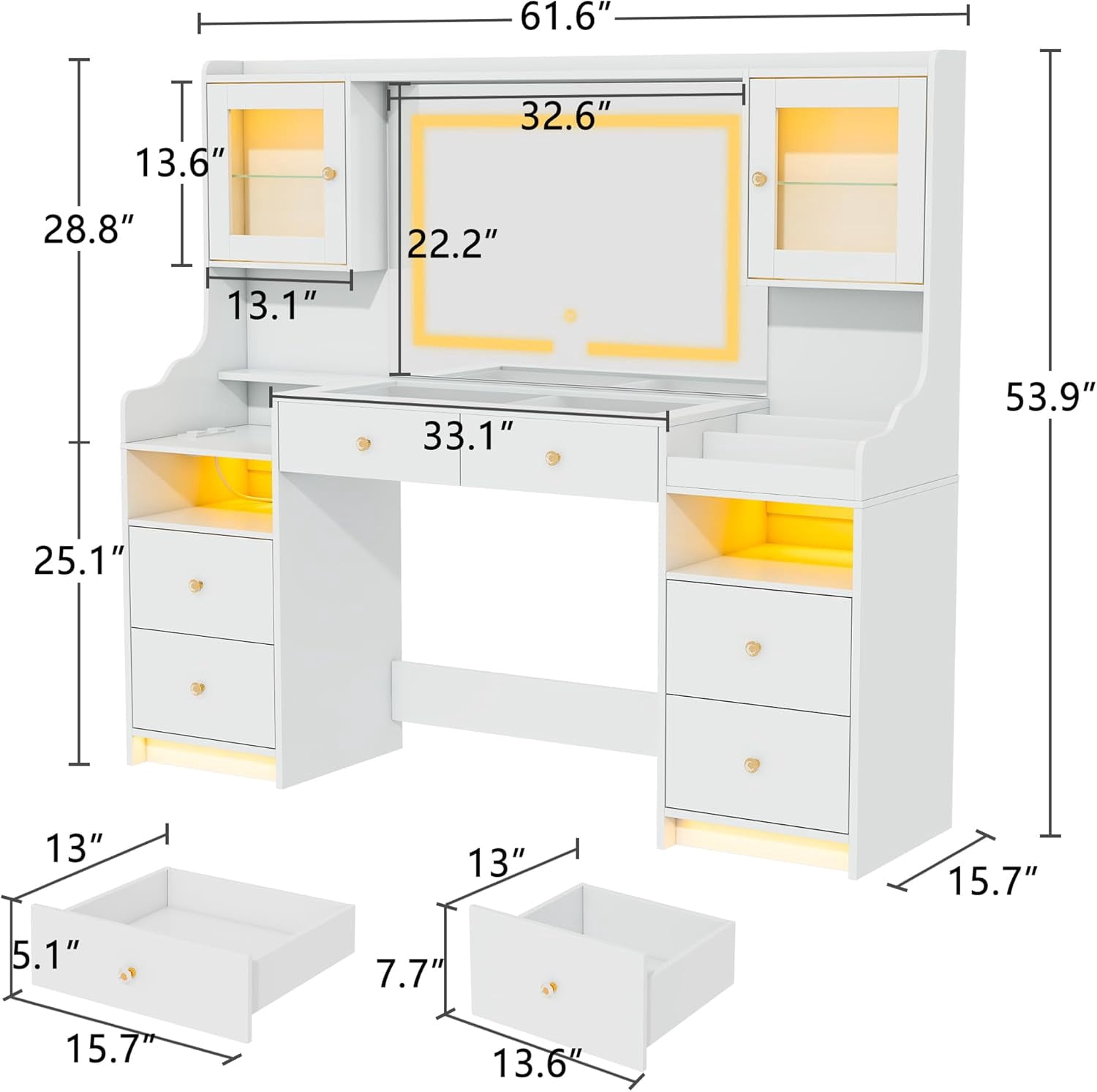 Pipleo 62" Large White Vanity Desk with Glass Top, Makeup Vanity with Mirror and LED Lights, One Piece Controls 3 Lighting Modes, 4 Drawers Vanity with 2 Cabinets and Power Outlet for Women, Girls